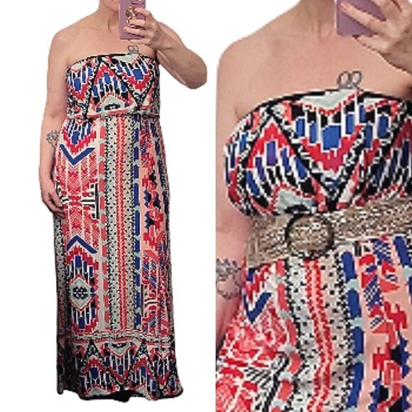 Trixxi Colorful Aztec Printed Strapless Maxi Tube Dress Size Large - Picture 4 of 10